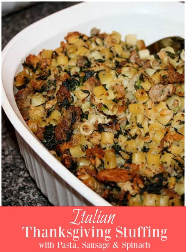 My family's Italian stuffing is one of my favorite parts of Thanksgiving! Ditalini pasta, crumbled sausage and spinach makes it unique and extra delicious!