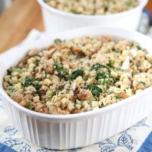 My family's Italian Stuffing recipe made with sausage, pasta and spinach