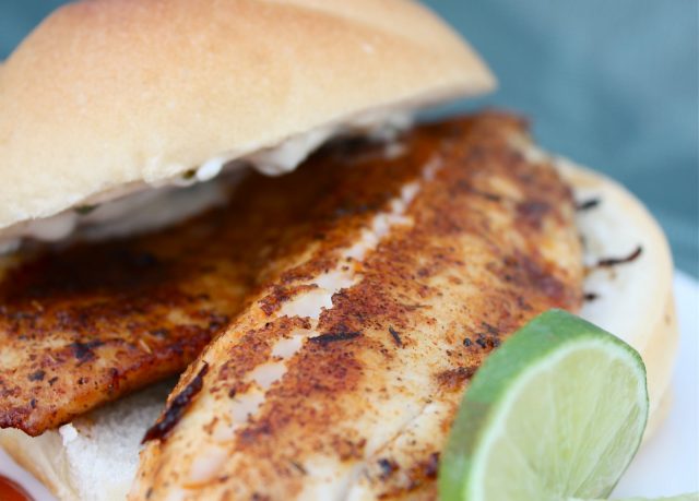 This Blackened Tilapia Sandwich with Cilantro Lime Mayonnaise is a great weeknight meal. Serve on salad for low carb option.