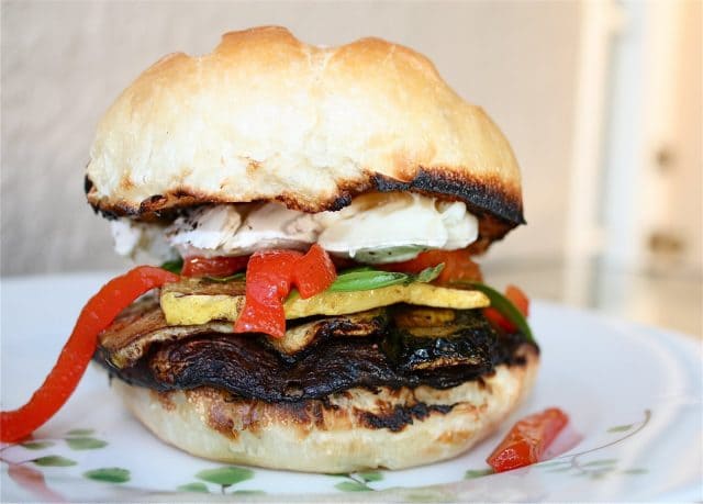 Enjoy Grilled Portabella and Brie Burgers for a vegetarian burger option! Vegetables are marinated in balsamic vinegar then grilled to perfection!