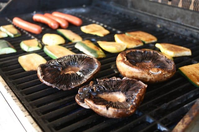 Enjoy Grilled Portabella and Brie Burgers for a vegetarian burger option! Vegetables are marinated in balsamic vinegar then grilled to perfection!