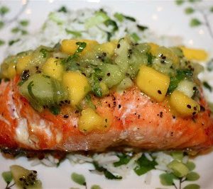 Cedar Plank Grilled Salmon with Tropical Fruit Salsa