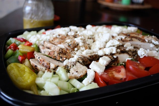 grilled chicken with pepperoncini, diced cucumbers, diced tomatoes, topped with feta cheese