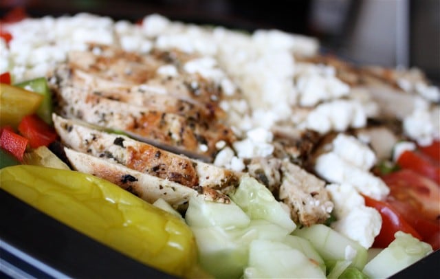 grilled chicken with pepperoncini, diced cucumbers, diced tomatoes, topped with feta cheese