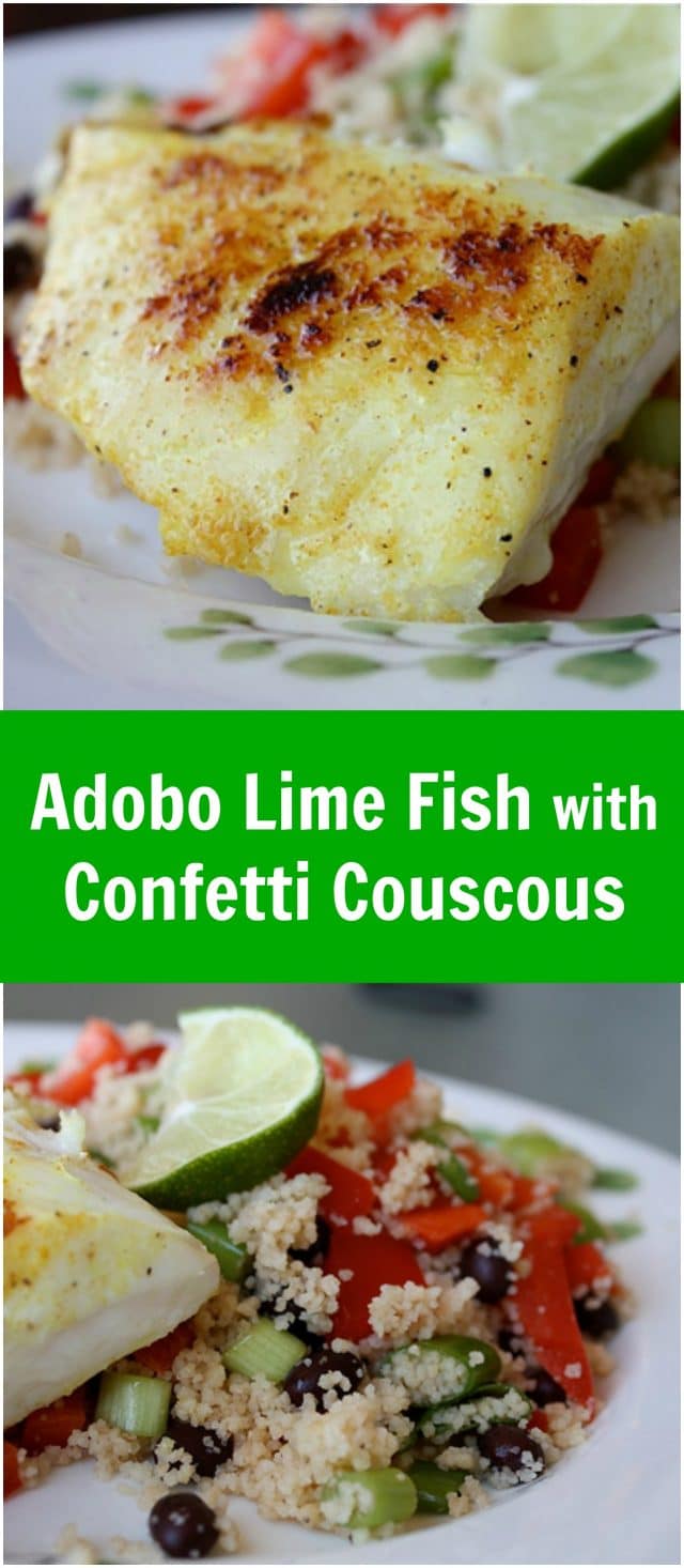 close ups of adobo red snapper and confetti couscous 