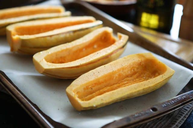 Angela's Stuffed Roasted Delicata Squash is flavorful and healthy vegetarian dish that can be served as a meal, or side dish.