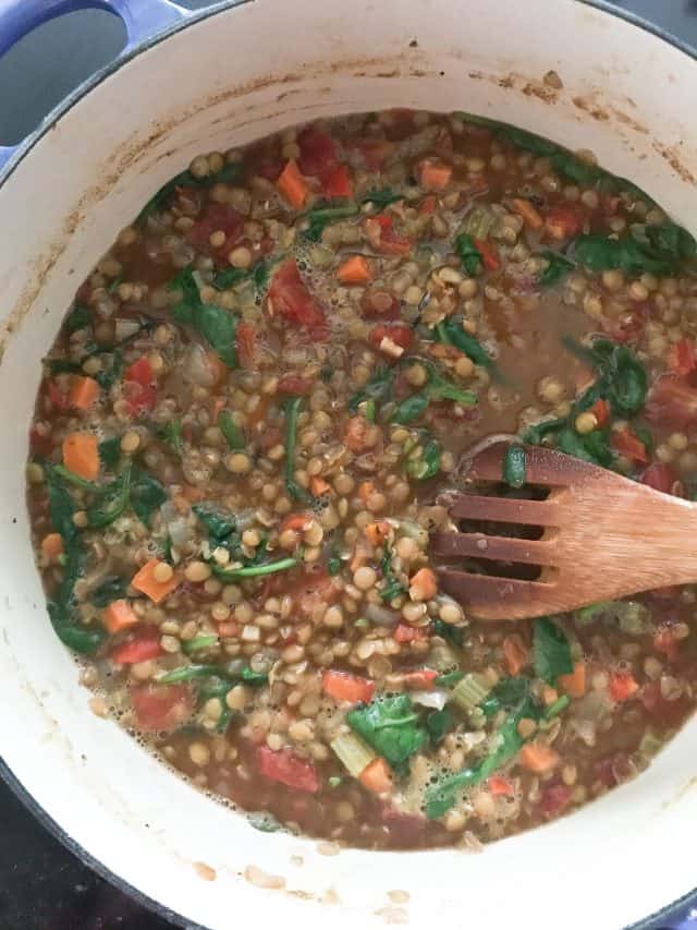 large soup pot filled with lentil and vegetable soup