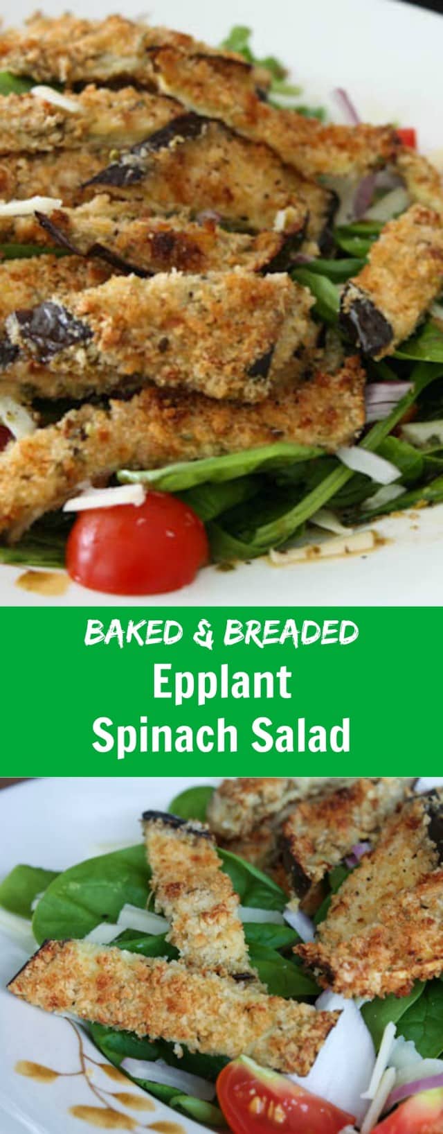 Baked and Breaded Eggplant topped Spinach Salad with mozzarella and tomatoes - this is the Italian Salad of my dreams! 