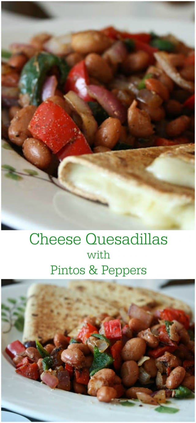 Cheese Quesadillas with Pinto Beans and Peppers - an easy, flavorful vegetarian meal. Great for the whole family!