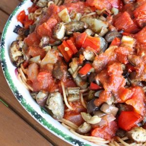 Whole Wheat Spaghetti with Roasted Peppers and Eggplant
