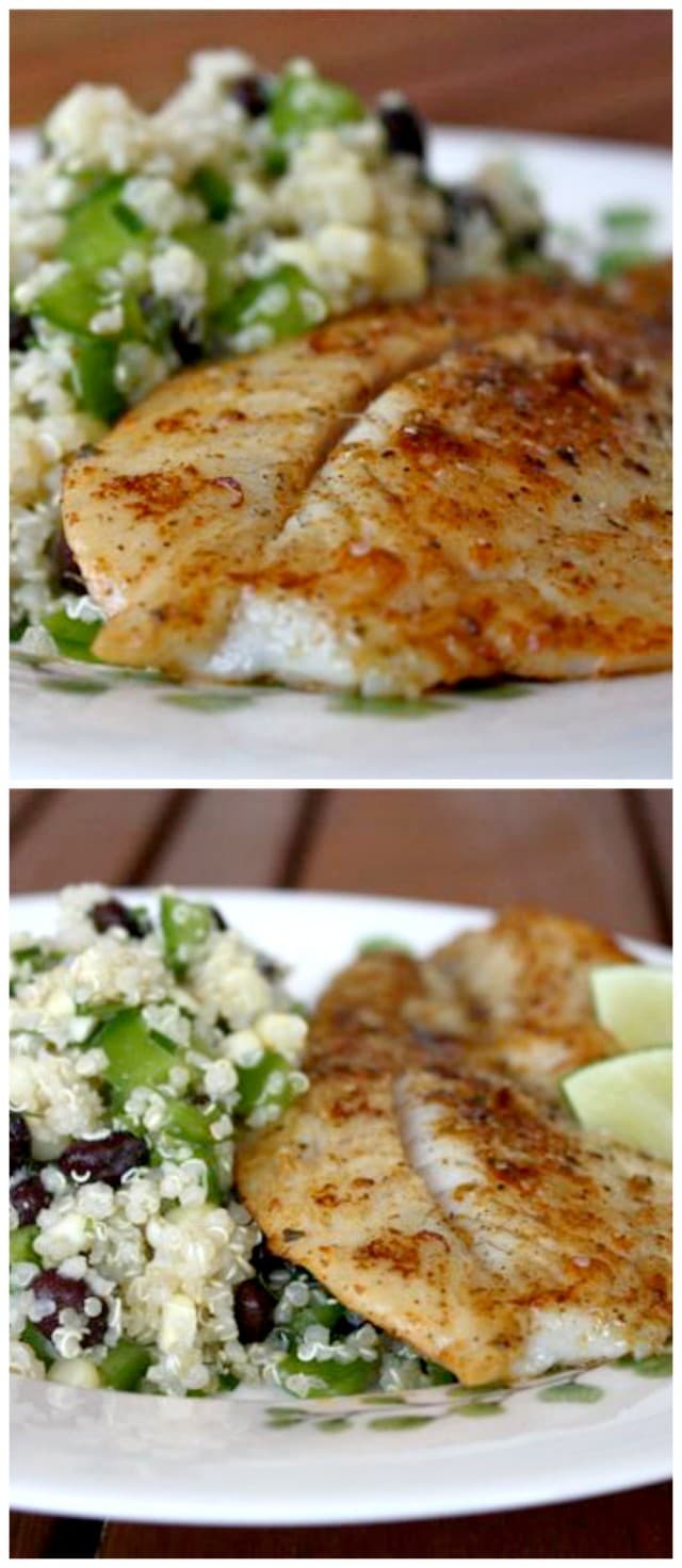 plate of cooked fish with a side of quinoa, black bean, and corn salad