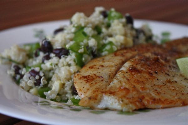 Chili Rubbed Fish with Quinoa, Black Bean and Corn Salad