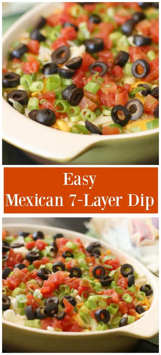 Always a party hit! Serve this Mexican 7 Layer Dip with tortillas at your next get together.