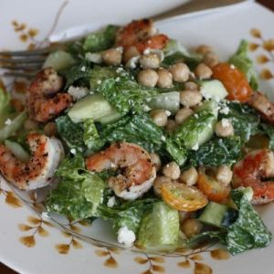 Bush's Mediterranean Caesar Salad with Lemon Pepper Shrimp and Garbanzo Beans