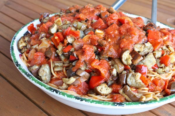 Whole Wheat Spaghetti With Roasted Peppers And Eggplant