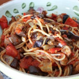 Whole Wheat Spaghetti with Roasted Peppers and Eggplant