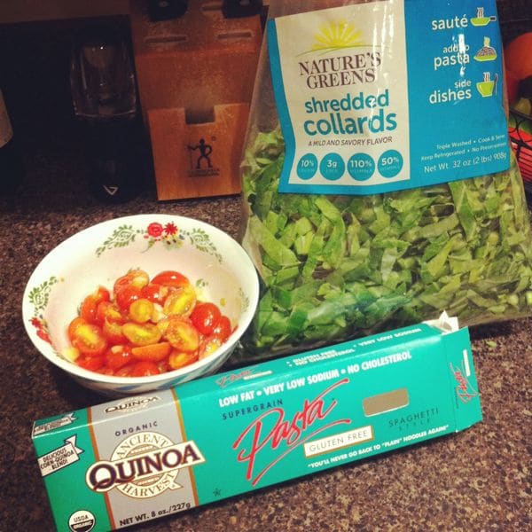A quick and healthy Quinoa Spaghetti with Garlicky Greens and Tomatoes dish for a vegetarian option at dinner.