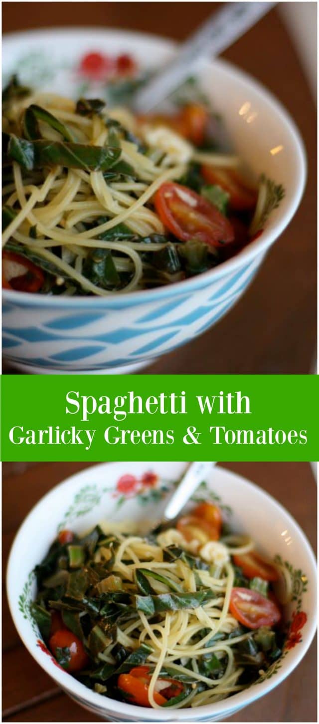 A quick and healthy Quinoa Spaghetti with Garlicky Greens and Tomatoes dish for a vegetarian option at dinner.