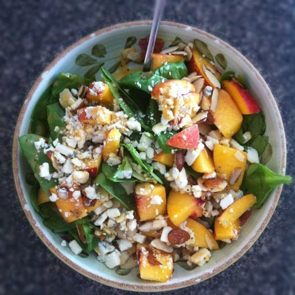 Your taste buds will be singing with this Spinach Salad with Peaches, Gorgonzola and Almonds. One of my favorite summer salads!