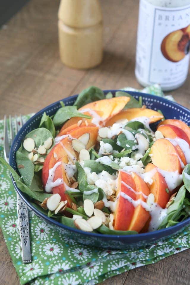 Your taste buds will be singing with this Spinach Salad with Peaches, Gorgonzola and Almonds. One of my favorite summer salads!