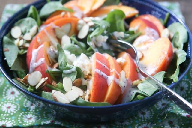 Your taste buds will be singing with this Spinach Salad with Peaches, Gorgonzola and Almonds. One of my favorite summer salads!