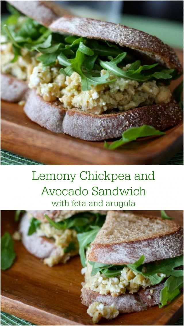 Lemony Chickpea and Avocado Sandwich with feta and arugula - a healthy vegetarian option for lunch or dinner!