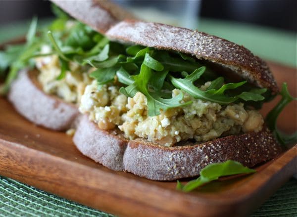 Lemony Chickpea and Avocado Sandwich with feta and arugula - a healthy vegetarian option for lunch or dinner!