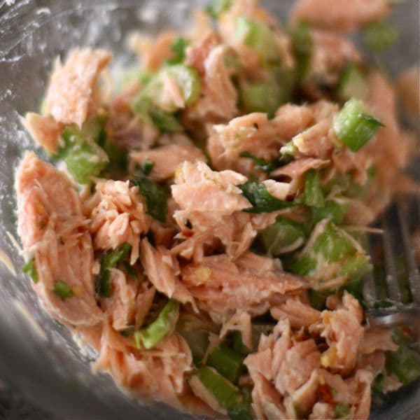 closeup of salmon salad