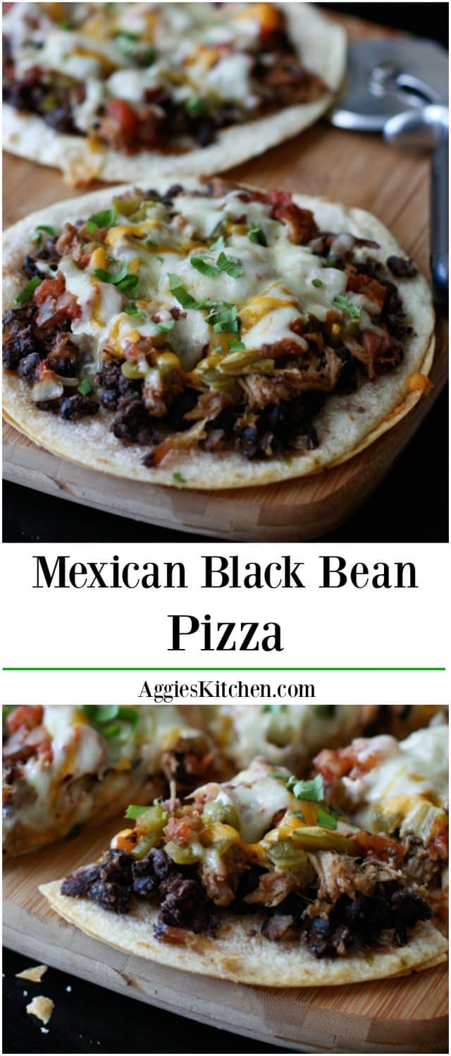 Loaded with pulled pork, beans and cheese this Mexican Black Bean Pizza will satisfy any appetite or craving! Recipe via aggieskitchen.com