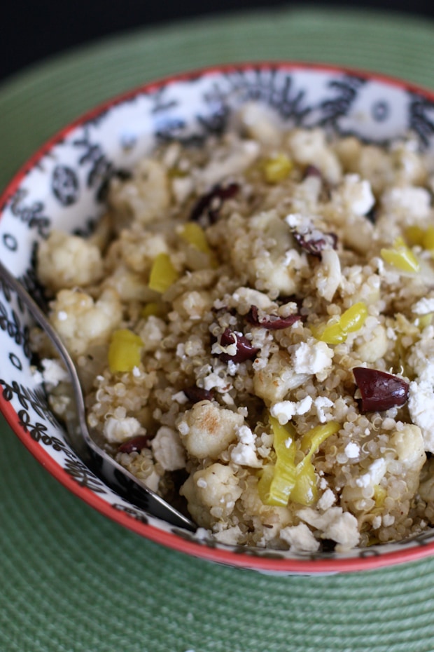 Grilled cauliflower and Vidalia onion make great additions to this flavorful, Greek inspired quinoa salad. A healthy side dish or vegetarian main dish. Recipe via aggieskitchen.com