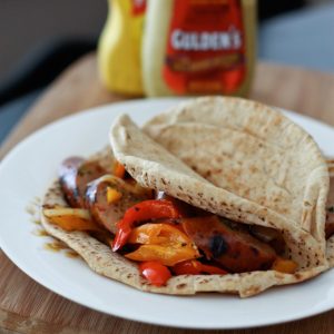 Grilled Italian Chicken Sausage and Peppers Pita Sandwiches | AggiesKitchen.com #grilling