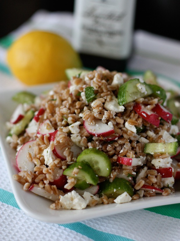 This Garden Farro Salad with Feta is packed with flavor and crunchy summer veggies! 