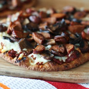 Andouille Sausage, Mushroom and Sun-Dried Tomato Naan Pizza | AggiesKitchen.com #pizza #mushrooms #sausage #flatbread