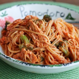 Crock Pot Creamy Chicken Spaghetti | AggiesKitchen.com #crockpot #slowcooker #chicken #pasta