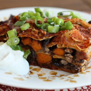 Black Bean and Sweet Potato Enchilada Bake | AggiesKitchen.com #mexican #blackbean #sweetpotato #vegetarian