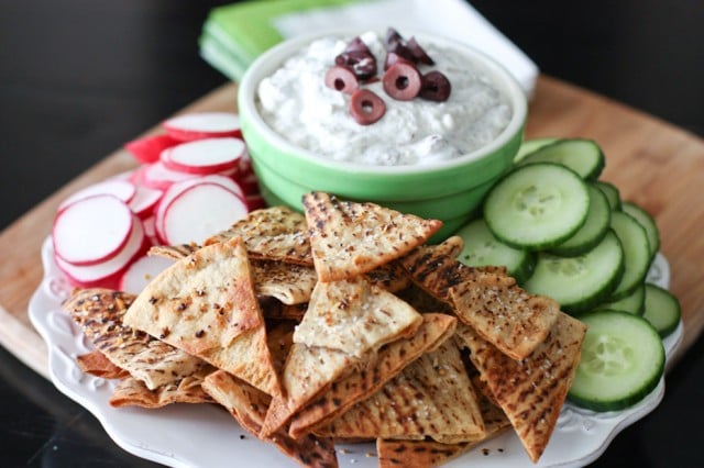 Kalamata Olive and Feta Dip with Lemon Pepper Pita Chips recipe - great dip to serve with fresh veggies!