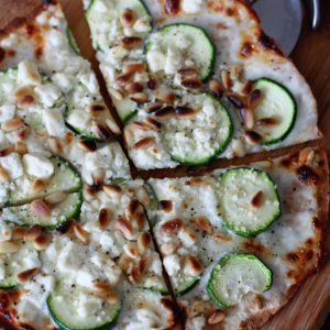 Skillet Zucchini and Feta Tortilla Pizza | AggiesKitchen.com #zucchini #pizza #recipe