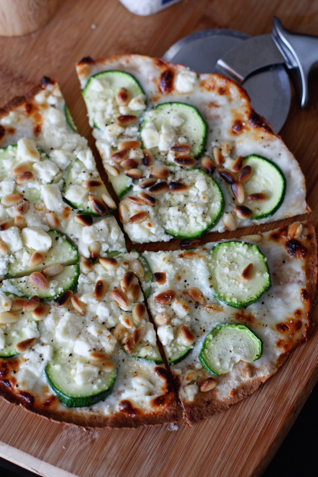 skillet zucchini and feta tortilla pizza