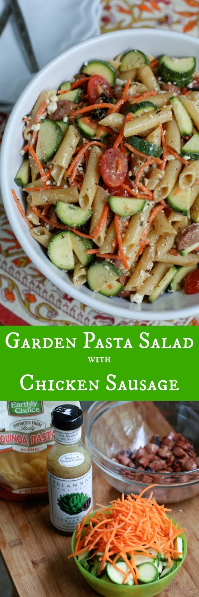 A healthy and hearty pasta salad recipe perfect for warm weather dinners. We love this Garden Pasta Salad with Chicken Sausage, it's my daughter's favorite!