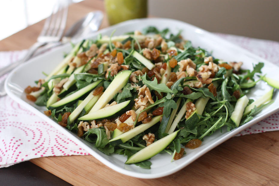 Zucchini and Walnut Arugula Salad with Basil Vinaigrette 