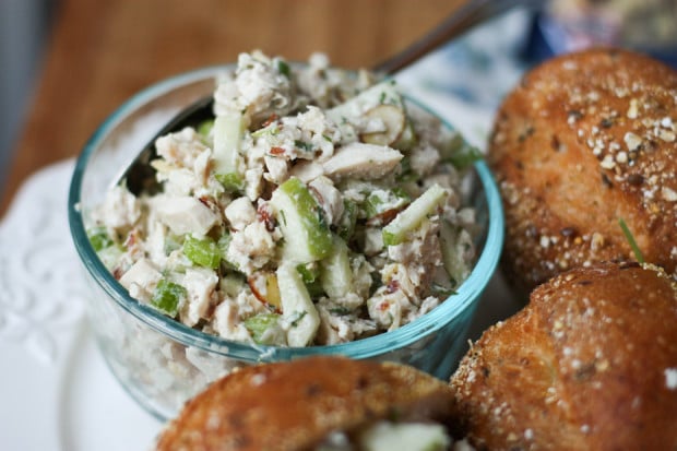 This Rotisserie Chicken Salad with Almonds and Apples is perfect for the fall season! Made with Greek yogurt to keep it lighter.