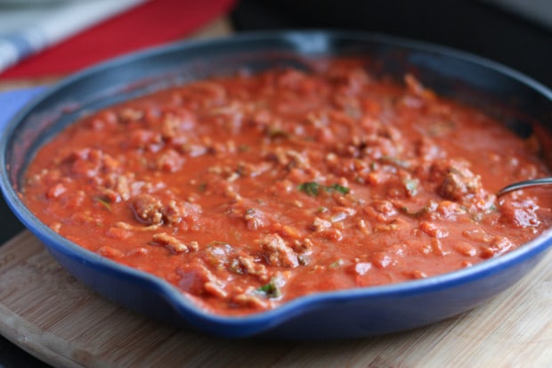 turkey bolognese sauce in a skillet