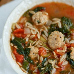 Italian Orzo Soup with Meatballs, Spinach and Tomatoes