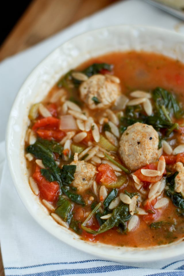 Italian Orzo Soup with Meatballs, Spinach and Tomatoes