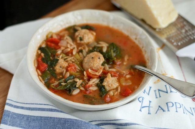 Italian Orzo Soup with Meatballs, Spinach and Tomatoes