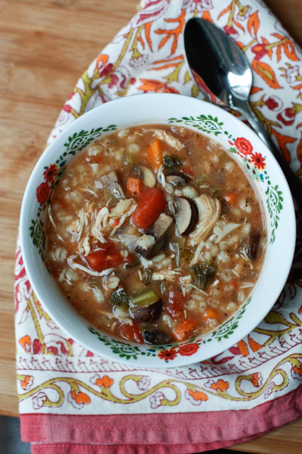 Slow Cooker Italian Chicken, Mushroom and Barley Soup comes together easily in your crock pot and is healthy, hearty and delicious.