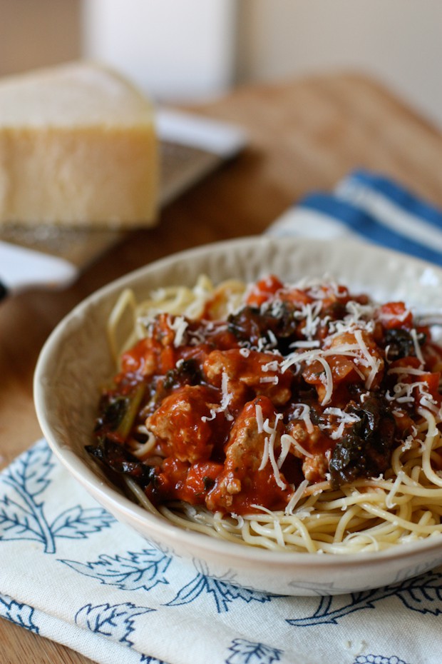 Easy enough to make on a weeknight, this hearty and healthy Spaghetti with Kale and Turkey Bolognese is comfort in a bowl.