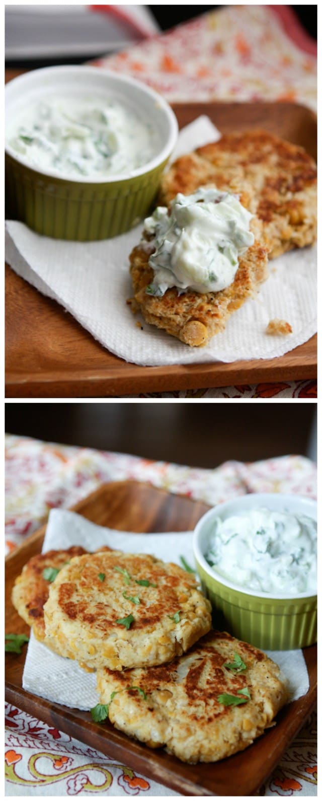 Chickpea Cakes with Cucumber-Yogurt Sauce is a flavorful vegetarian recipe your whole family will love. Made with Greek yogurt!