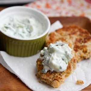 Chickpea Cakes with Cucumber-Yogurt Sauce is a flavorful vegetarian recipe your whole family will love.