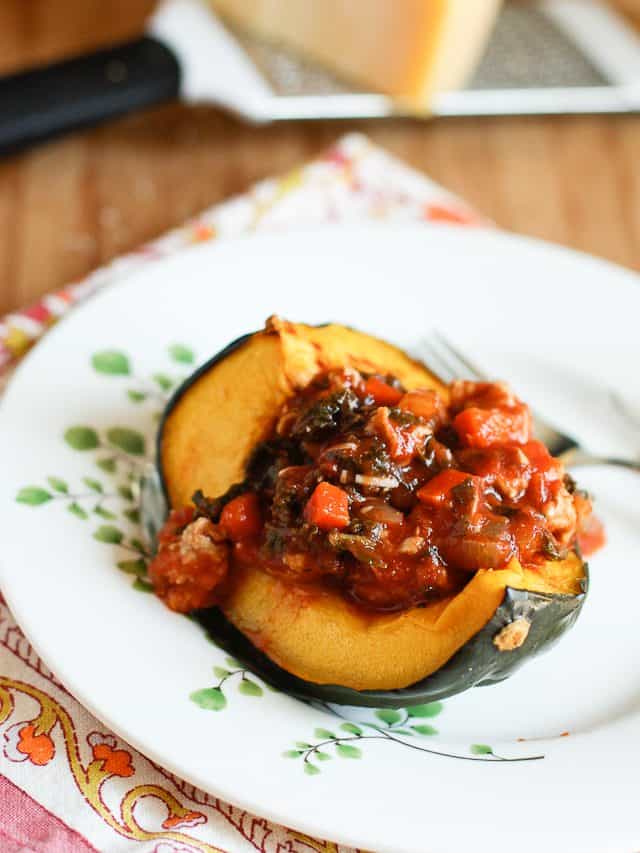 Roasted Acorn Squash Bolognese is hearty, healthy and low carb. Enjoy it on cozy winter nights.